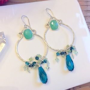 Hammered gemstone hoops teal chrysoprase